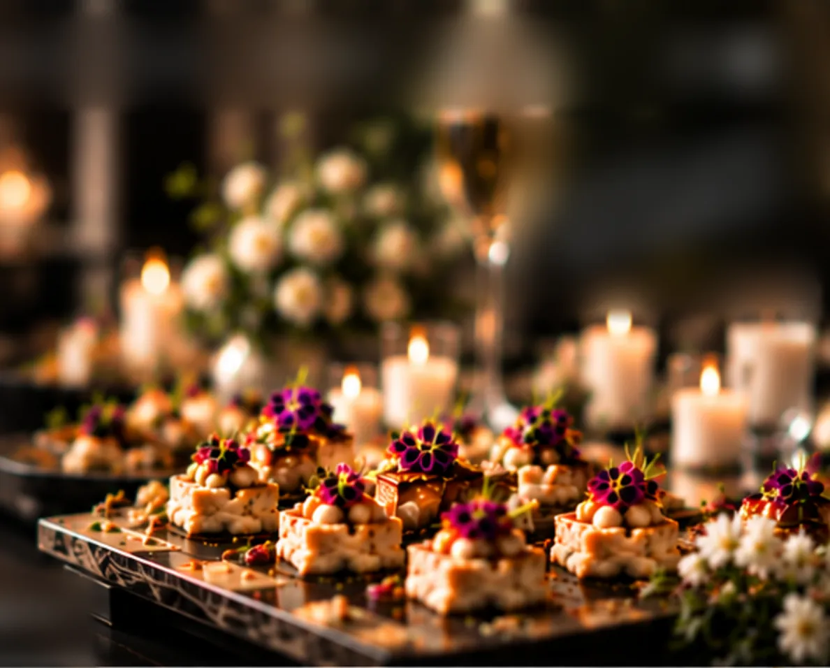 Buffet de petits fours dressés à la lueur des bougies